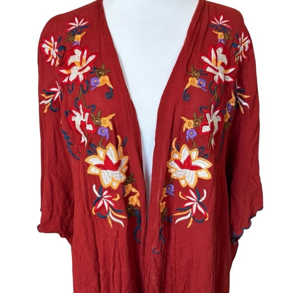 Umgee Clay Red Rust Floral Scalloped Trim Boho Gauzy Cardigan Size M/L Festival - Picture 3 of 9